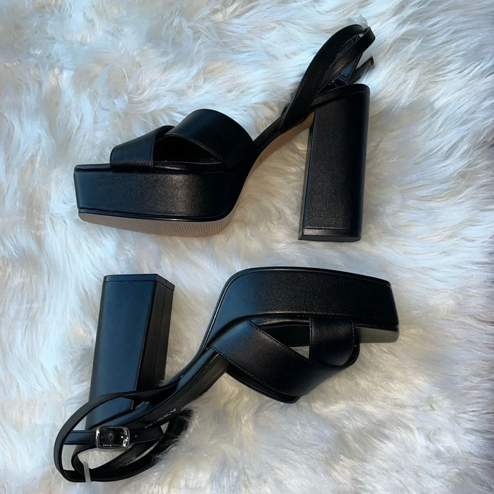 🆕 Lisa Vicky Leather Strappy Platform Heel Sandals Black Size 8